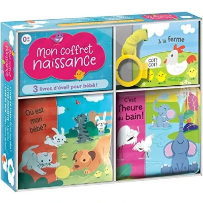 Abbildung von Mon coffret naissance 3 livres d&#039;éveil pour bébé: Avec 1 livre en tissu, poussette, de bain
