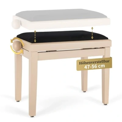 Abbildung von Classic Cantabile Pianobank LA matt Höhenverstellbar von 47 56 cm Spindelmechanik Sitzfläche 55 x 32cm schwarzer Veloursbezug stabil Beige