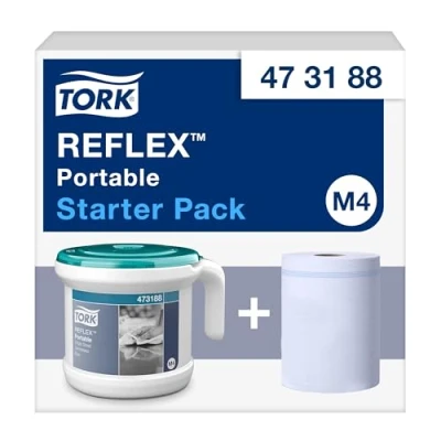 Abbildung von Tork Tragbarer Reflex™ Einzelblatt Innenabrollungsspender Weiß und Türkis M4, Starter Pack, 1 Packung, 473188