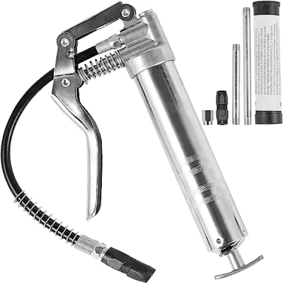Abbildung von VEVOR Fettpresse, 3500 PSI, 4 OZ / 120 CC Kapazität, professionelle Handhebelpresse, mit 11,65 Zoll Flexschlauch, 2 schwarzen Flachkupplungen, 1 verstärkter Düse und Starren Metallrohren