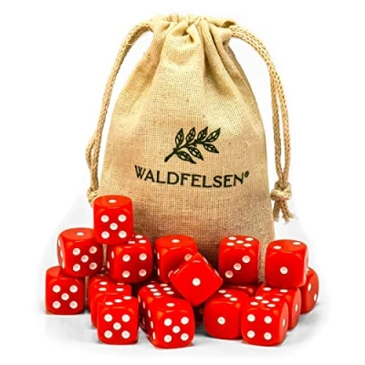 Abbildung von Waldfelsen 6, 12, 20, 30 oder 50 hochqualitative Würfel Standardgröße 16 mm Acrylwürfel Knobel Spielwürfel Dice 6 seitig sechsseitig Spielzubehör Set mit Stoffbeutel (Rot, 20 Stück)