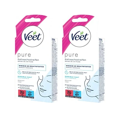 Abbildung von Veet Pure Kaltwachsstreifen Gesicht Haarentfernung für sensible Haut Bis zu 28 Tage glatte Minimum Inhaltsstoffen (2er Pack) 20 Doppelstreifen = 40 Einzelstreifen