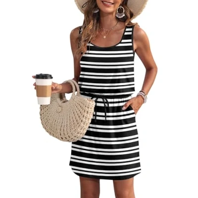 Abbildung von WNEEDU Sommerkleid Damen Ärmellose Strandkleid U Ausschnitt KordelzugKleid Luftiges Kleid Sommer mit Taschen Weiß Streifen Schwarz M
