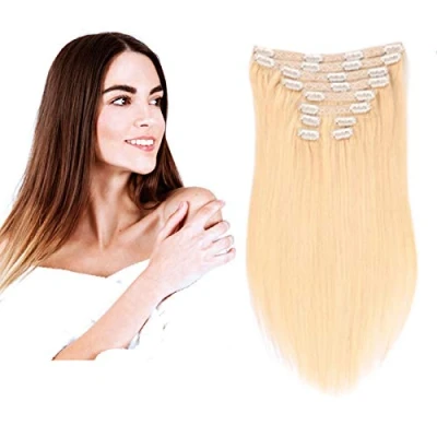 Abbildung von (35cm 55cm) Clip In Extensions Echthaar Set 10pcs 120g 100% Remy für Haarverlängerung glatt Haarteile (60#, Platinum Blonde, 45cm)