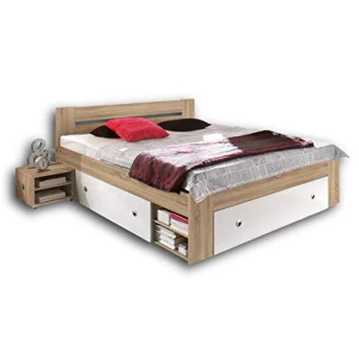 Abbildung von Stella Trading STEFAN Doppelbett Bettanlage 180 x 200 cm mit 2x Nachtkommoden Schlafzimmer Komplett Set in Eiche Sonoma Optik, weiß 185 86 204 (B/H/T)