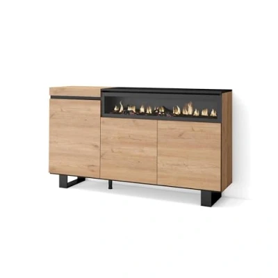 Abbildung von Skraut Home Sideboard, Highboard Kommode, Komodenschrank 150x87x35cm 3 Türen Elektrokamin. Maße Industriedesign Moderner Stil Eiche Schwarz
