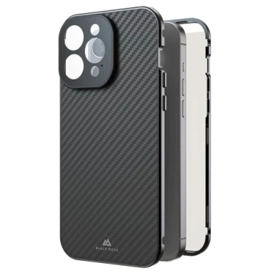 Abbildung von Black Rock Hülle für iPhone 15 Pro Max (Carbon Beschichtung, Kameraschutz, Metallrahmen, 360 Rundumschutz, Wireless Charging kompatibel, ultradünn, slim, Magnet, Cover, Handyhülle, Case) Real Carbon