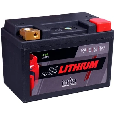 Abbildung von intAct LITHIUM MOTORRADBATTERIE Batterie für Roller, Motorrad, Quads. Bis zu 75% Gewichtseinsparung Bike Power LI 06, LTM21L, 12,8V Batterie, 6AH (c10), 72 Wh, 330 A (CCA) Maße: 148x86x105mm