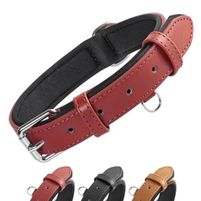 Abbildung von Grand Line Leder Hundehalsband, Lederhalsband Hund mit Weichem Gepolstertes, Breiter und Dicker Verstellbares Halsband Hunde für Kleine, Mittlere, Große (Rot, M)