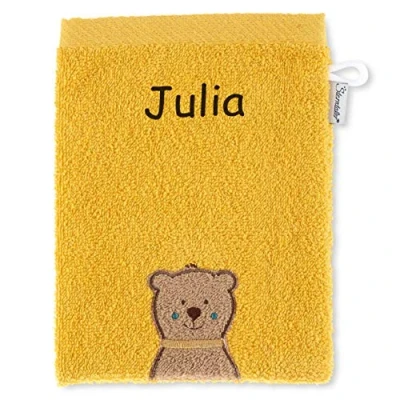 Abbildung von Sterntaler Kinder/Baby Waschhandschuh bestickt mit Namen, Bär Ben Waschlappen personalisiert zur Geburt, Taufe oder als Geschenk zum Geburtstag Gelb