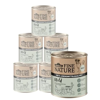 Abbildung von Dehner Fine Nature Hundefutter, Nassfutter in Lebensmittelqualität, für ausgewachsene Hunde, Wild, 6 x 800 g Dose (4.8 kg)