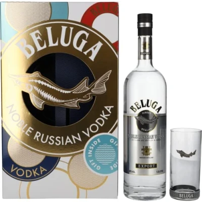 Abbildung von Beluga Noble Russian Vodka EXPORT 40% Vol. 1l in Geschenkbox mit 1 Rocking Glas