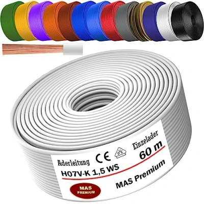 Abbildung von MAS Premium Von 5 bis 100m Aderleitung H07 V K 1x1,5 mm² SW, HBL, GNGE, GN, RT, DBL, BR, OR, GR, WS, VIO, U MAR.BL oder GE Einzelader flexibel (Weiß, 60m)