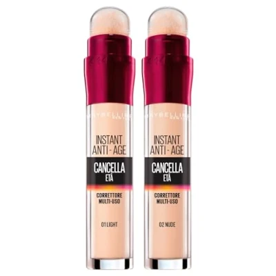 Abbildung von Maybelline New York Instant Anti Age Concealer, flüssiger Mehrzweck, Aufheller, natürliches Finish, gegen Augenringe und Falten, mit Schwamm Applikator, 01 Light + 02 Nude