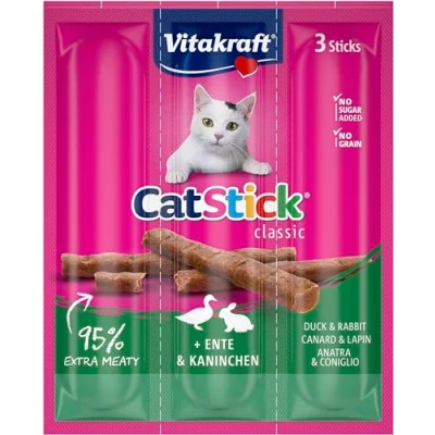Abbildung von Vitakraft Cat Stick Classic, mit Ente und Kaninchen, Katzensnack, fleischige Mini Sticks, einzeln verpackt, ohne Zuckerzusatz (3x 6g)