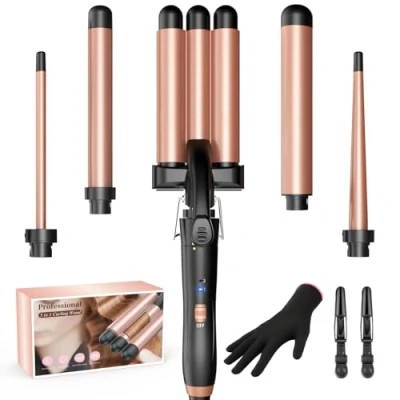 Abbildung von BESTOPE MIX Lockenstab, 5 in 1 Lockenstab 3 Fässer Welleneisen mit Verschiedenen Aufsätzen Einstellbare Temperatur Große Locken PTC Schnellaufheizung Set Handschu &amp; 2 Clips