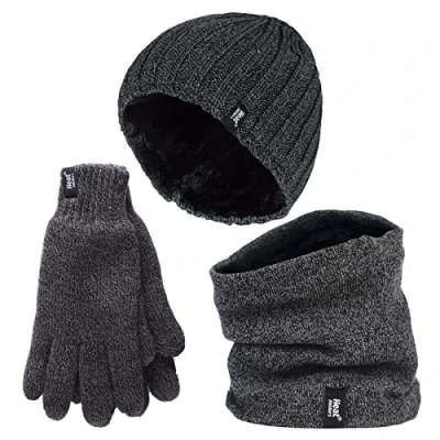 Abbildung von HEAT HOLDERS Herren Halswärmer Mütze Handschuhe Set Winddicht Warm Gestrickt Fleece Thermo Winter (M L, Grau)