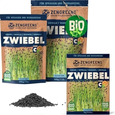 Abbildung von ZenGreens® Bio Zwiebel Sprossen Samen Wähle zwischen 10g, 200g und 500g Saatgut Keimrate von über 95% Sprossensamen zum Keimsprossen ziehen Microgreens