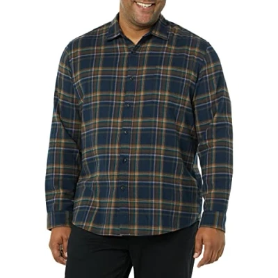 Abbildung von Amazon Essentials Herren Langarmhemd aus Flanell (in Übergröße erhältlich), Braun Dunkles Marineblau Karomuster, XL