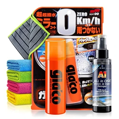 Abbildung von Versiegelung Set: Soft99 Glaco Mirror Coat Zero (40ml) + All in One Glasreiniger (100ml) Carbon Glastuch Auto Spiegel &amp; Kamera kristallklare Sicht dank Lotuseffekt 6 teilig