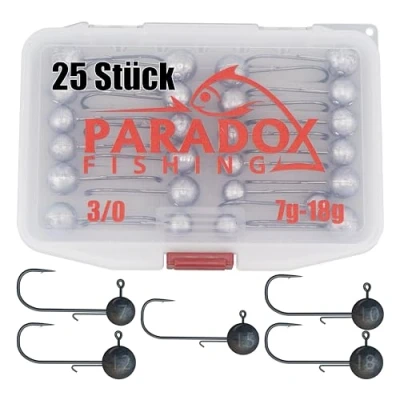 Abbildung von Paradox Fishing Jigköpfe Set 3/0 25x I je 5X 7g/10g/12g/15g/18g Jig Köpfe Gummifisch mit Jighead für Gummifische Zander Barsch Angelzubehör