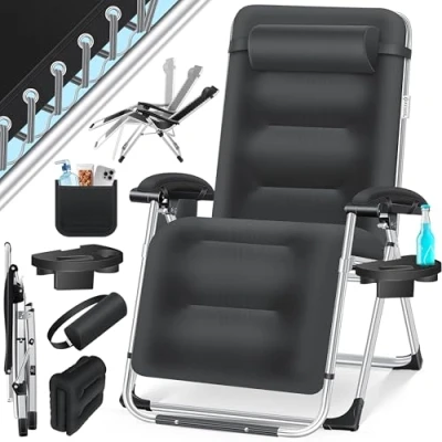 Abbildung von KESSER® Sonnenliege Liegestuhl, klappbare Gartenliege extra breit &amp; Wetterfest, Belastbar 200kg, Ergonomisches Polster, verstellbare Rückenlehne inkl. Nackenkissen, Getränkehalter Armpolster Schwarz