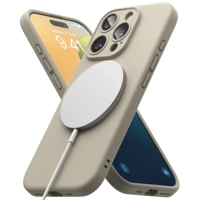 Abbildung von Ringke Silicone Magnetic Case [Kompatibel mit MagSafe] für iPhone 16 Pro Hülle, Weiche Beschichtung Anti Kratzer Schlank Leicht Schutz Handyhülle Magnet Ladegerät/Zubehör Stone