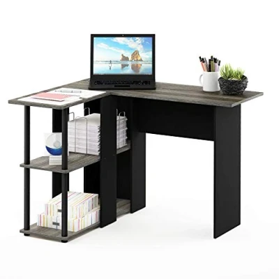 Abbildung von Furinno Abbott L förmiger Schreibtisch mit Regalen, Holz, Französische Eiche Grau/Schwarz, 87.5 x 104.5 73.51 cm