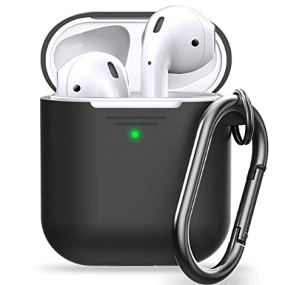 Abbildung von Keybudz Elevate Schutzhülle mit Karabiner für Apple AirPods Case, Etui Hülle, Kopfhörer Ohrhörer Zubehör Ladecase, schwarz