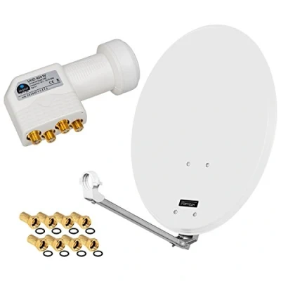 Abbildung von HD Digital SAT Anlage 60cm ALU Spiegel Schüssel Hellgrau+ Quad LNB 4 Teilnehmer zum Empfang von DVB S/S2 Full 3D 4K Ultra (UHD) Signale + Stecker Gratis dazu im Set