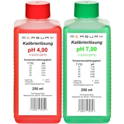Abbildung von Measury pH Kalibrierlösung 4.00 und 7.00, Pufferlösung je 250ml, Eichlösung Rot/Grün, Kalibrierflüssigkeit Set Eichflüssigkeit