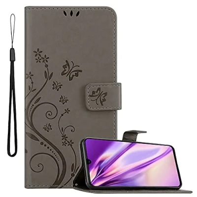 Abbildung von Cadorabo Hülle kompatibel mit Samsung Galaxy A90 5G Blumen Design aus Kunst Leder Flip Klappbare Stoßfeste Magnetische [Standfunktion] [Kartenfächern] Cover für Tasche in Grau