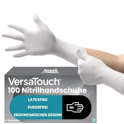 Abbildung von Ansell VersaTouch 92 205 Latexfreie Einweghandschuhe, Lebensmittel Handschuhe Puderfrei, Einmalhandschuhe Weiß, Chemikalien Schutzhandschuhe, Nitrilhandschuhe M (100 Stück)