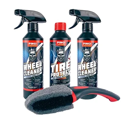 Abbildung von Pingi Legends Felgen Reiniger 3er Set Reifenschutz 500 ml, Alufelgenspray ml &amp; Felgenbürste Felgenreiniger Alufelgen mit Autoradbürste Bremsstaub, Straßenschmutz Ablagerungen entfernen