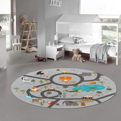 Abbildung von Teppich Traum Runder Kinderteppich Kinderzimmer waschbar rutschfest Spielteppich Safari Straßen Autos Tiere grau 200 cm