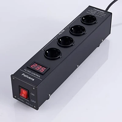 Abbildung von Pailvens Netzfilter Steckdosenleiste HiFi, 4 Fach Entstörfilter Steckdose mit LCD Anzeige, Überspannungsschutz, Lastschutz bis 15 A, Mehrfachsteckdose für Lautsprecher, CD DVD Player, Schwarz