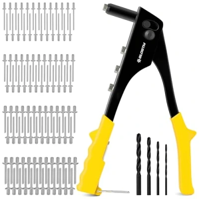 Abbildung von BLOSTM Nietpistolen Set 100 Stück Nieten in 4 Größen (2,4 mm, 3,2 4,8 mm), Pop Nietzange mit Nietdüsen, für Metall, Kunststoff, Autoreparaturen (gelb)