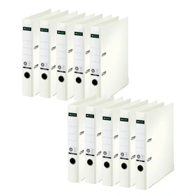 Abbildung von Leitz Qualitäts Ordner 180, 10er Pack, A4, schmal, 5,2 cm Rückenbreite, Spezialpapierkaschierung in Leinenprägung, Blauer Engel,Creme Weiß, 10080001