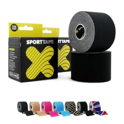 Abbildung von 2 Rollen SPORTTAPE Extra Klebriges Kinesiologie Tape, 5 cm x m Schwarz Hypoallergenes, Wasserfestes Sports Tape Physio Medizinisches Sport bei Muskelverletzungen, Unterstützung