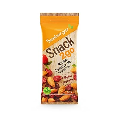 Abbildung von Seeberger Snack2go Mandel Cranberry Mix 12er Pack: aus gerösteten Mandeln &amp; getrockneten Cranberries als Snack zum Mitnehmen ohne Salzzusatz, vegan (12 x 50 g)