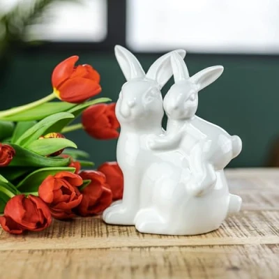Abbildung von Keramik Osterdeko Hasen Huckepack 17 x 9cm weiß Dekofigur Oster Dekoration Tisch Deko Osterhase