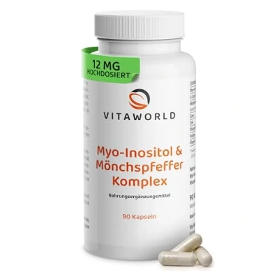 Abbildung von Myo Inositol &amp; Mönchspfeffer hochdosiert 90 vegane Frauen Vitamine Kapseln mit L Carnitin, Folsäure, B6, B12, Eisen Zink Vitex Agnus Castus laborgeprüft, gluten laktosefrei vitaworld