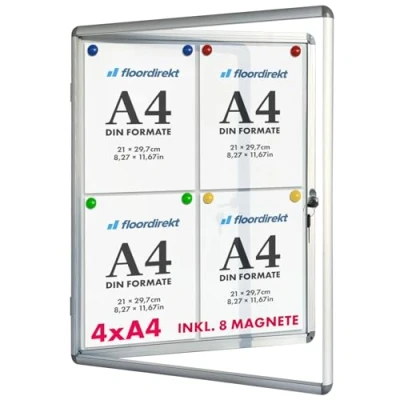 Abbildung von Floodirekt Schaukasten Wand 4 x DIN A4 Plakatschaukasten mit Alurahmen &amp; Acrylglas inkl. Magnete Infokasten Aushang Aushangkasten Magnetische beschreibbare Rückwand