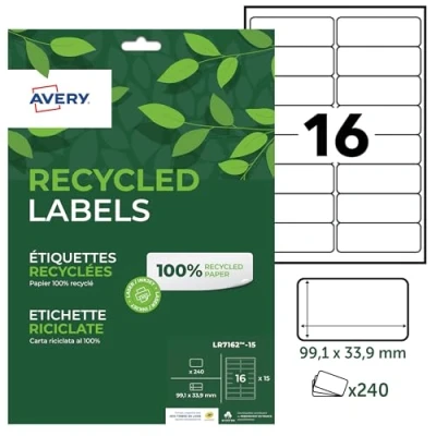Abbildung von AVERY Packung mit 240 Etiketten, 100% recycelt, selbstklebend, individuell bedruckbar, Format 99,1 x 33,9 mm, Laser und Inkjet Druck, (LR7162 15)