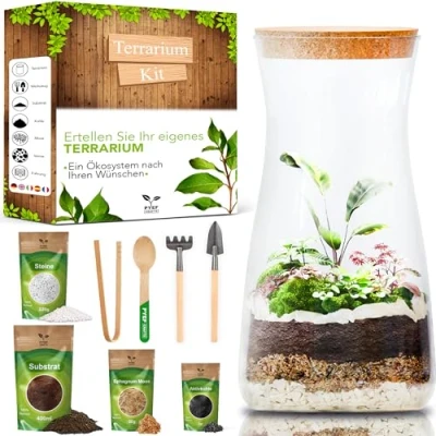 Abbildung von Flaschengarten Komplettset zum Schaffen EIN Ökosystem im Glas Terrarium Starter Kit Anlegen Biotop mit Garten Werkzeug, Moos, Erde, Steinen (Kit Flasche)