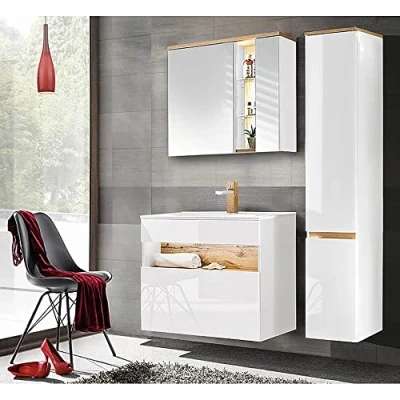 Abbildung von Lomadox Badezimmermöbel Badmöbel Set, Keramik Waschtisch mit 80cm Unterschrank, Hochglanz weiß Wotaneiche, Hochschrank und LED Spiegelschrank