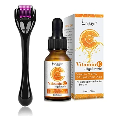 Abbildung von Derma Roller Microneedling Kit für Gesicht 0,3 mm und Vitamin C Serum mit Hyaluronsäure Gesichtsserum AG540 Titanium Microneedle Bio 20% Micro Nadeln Akne Narben Anti Aging Falten