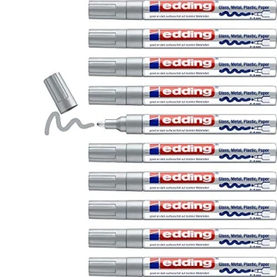Abbildung von edding 750 Glanzlackmarker silber 10 Lackmarker Rundspitze 2 4 mm Lackstift für Glas, Stein, Holz, Kunststoff und Papier wasserfest, stark deckend