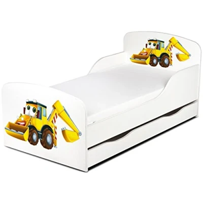 Abbildung von Leomark Einzelbett aus Holz Yellow Excavator Kinderbett mit Schubladen für Bettwäsche, Stauraum, Holzbett Matratze Lattenrost, Komplett Set, Liegefläche 70/140 cm, UV Druck