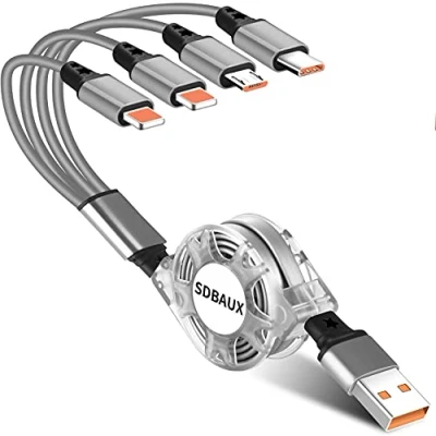 Abbildung von SDBAUX 3A USB Ladekabel, 4 in 1 Einziehbares Multi Kabel Mehrfach Universal iPhone Ladekabel 2 iP Micro Typ C Port Anschlüsse für Tablets, Samsung Galaxy, Google, PS5 1M (4 1)
